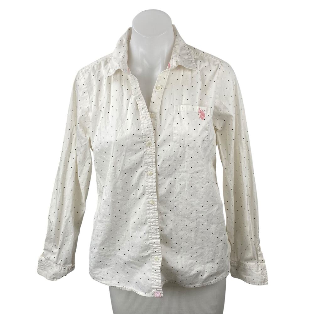 U.S. Polo Assn. Womens Polka Dot Collared Long Sleeve Button Down Shirt Top Sz M